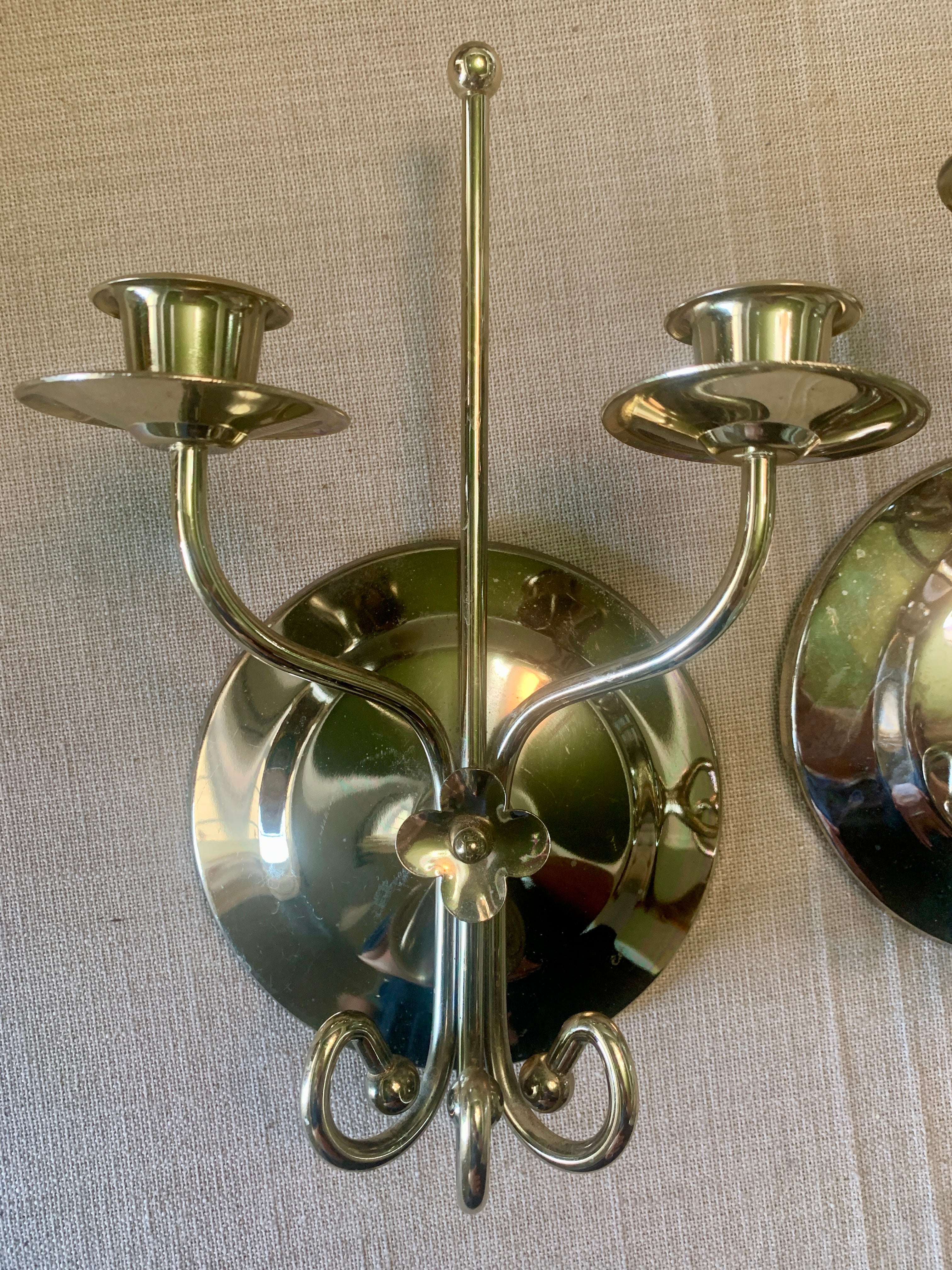 Pair of Vintage Brass Double Candle Wall Sconce