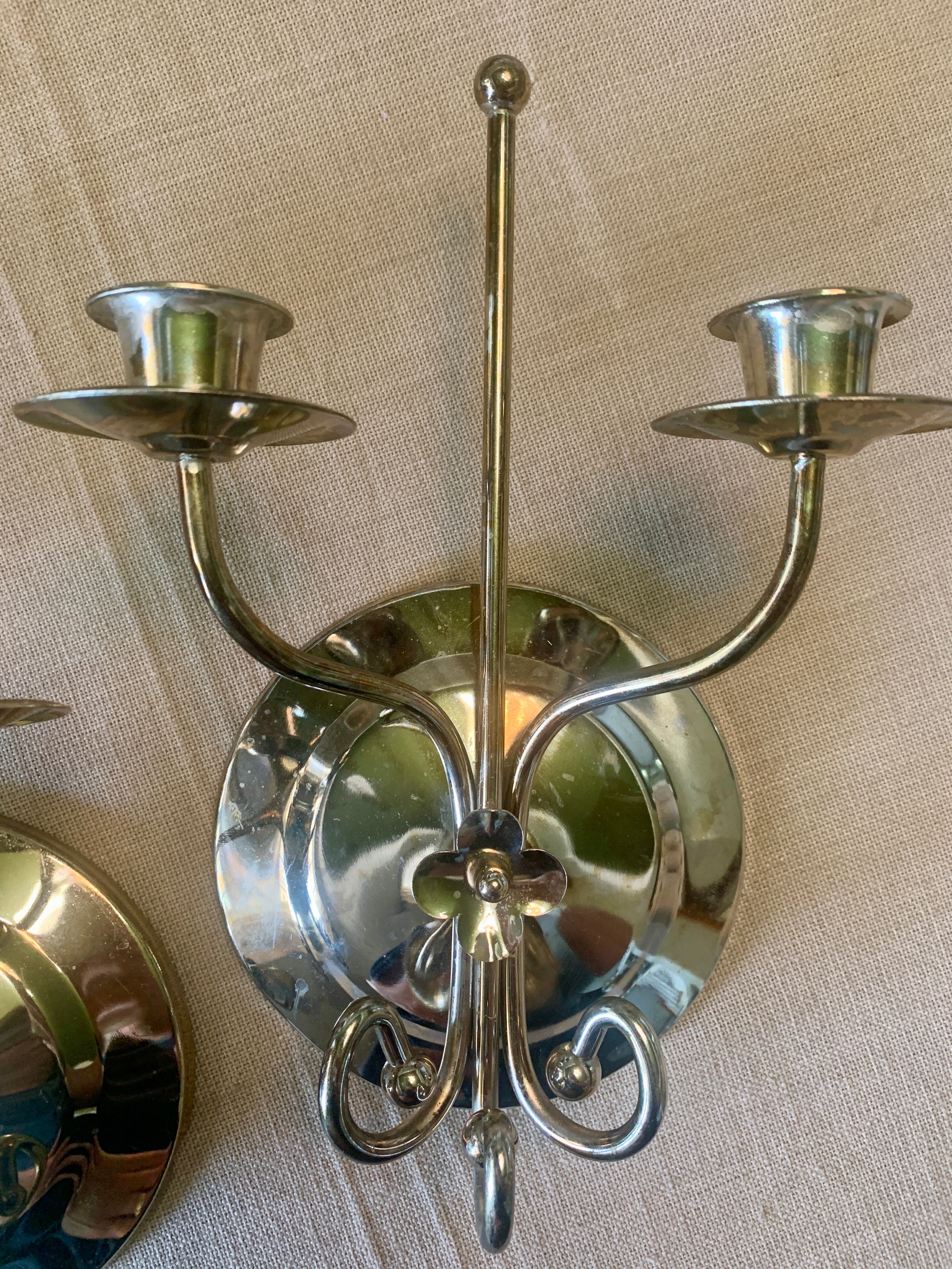Pair of Vintage Brass Double Candle Wall Sconce